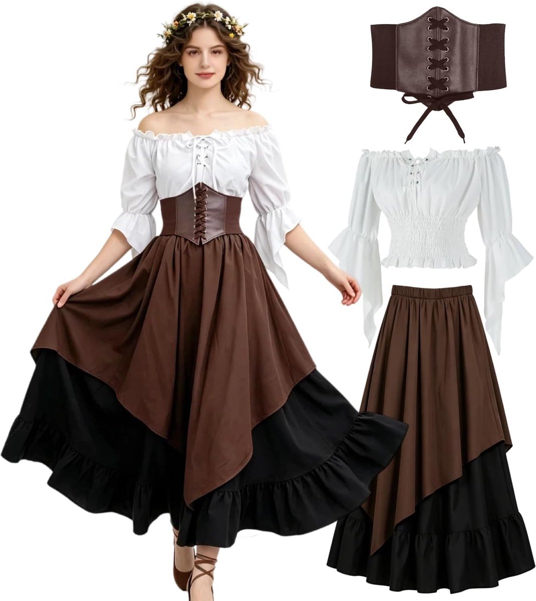 Kasahara Middeleeuwse kleding voor dames, renaissance-jurk, off-shoulder, trompetmouwen, blouse met korset, Viking-kostuum voor dames, voor LARP, carnaval, themafeest