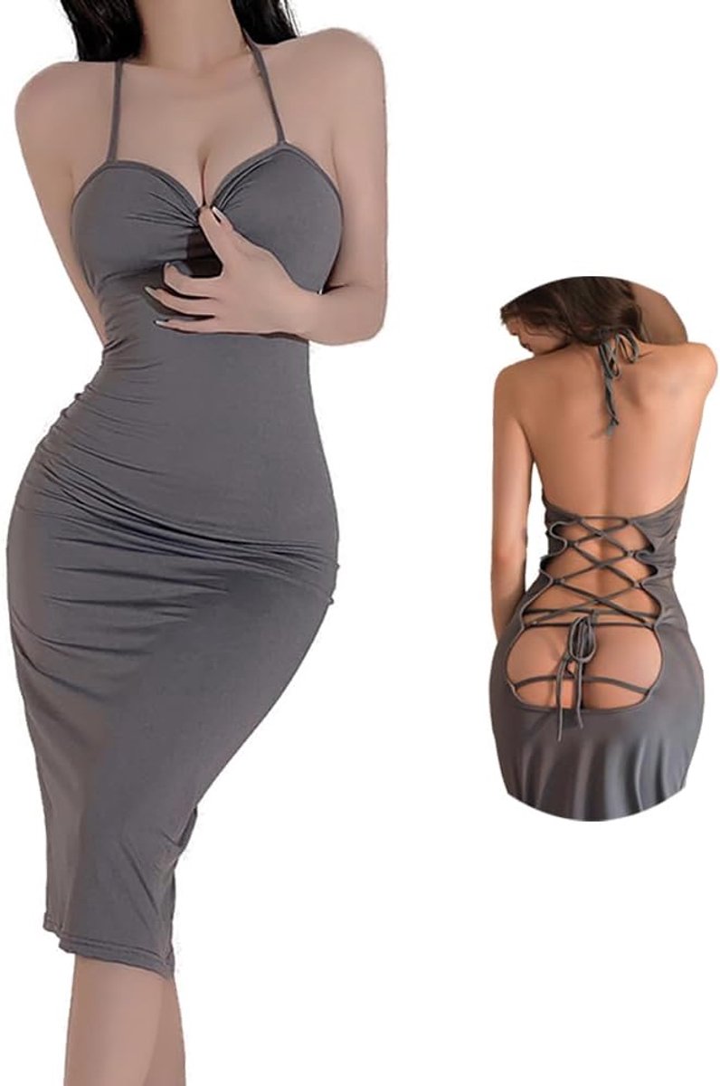 V-hals voor dames, halter, mini-jurk zonder rug, voor dames, party, night, sexy, club, bodycon