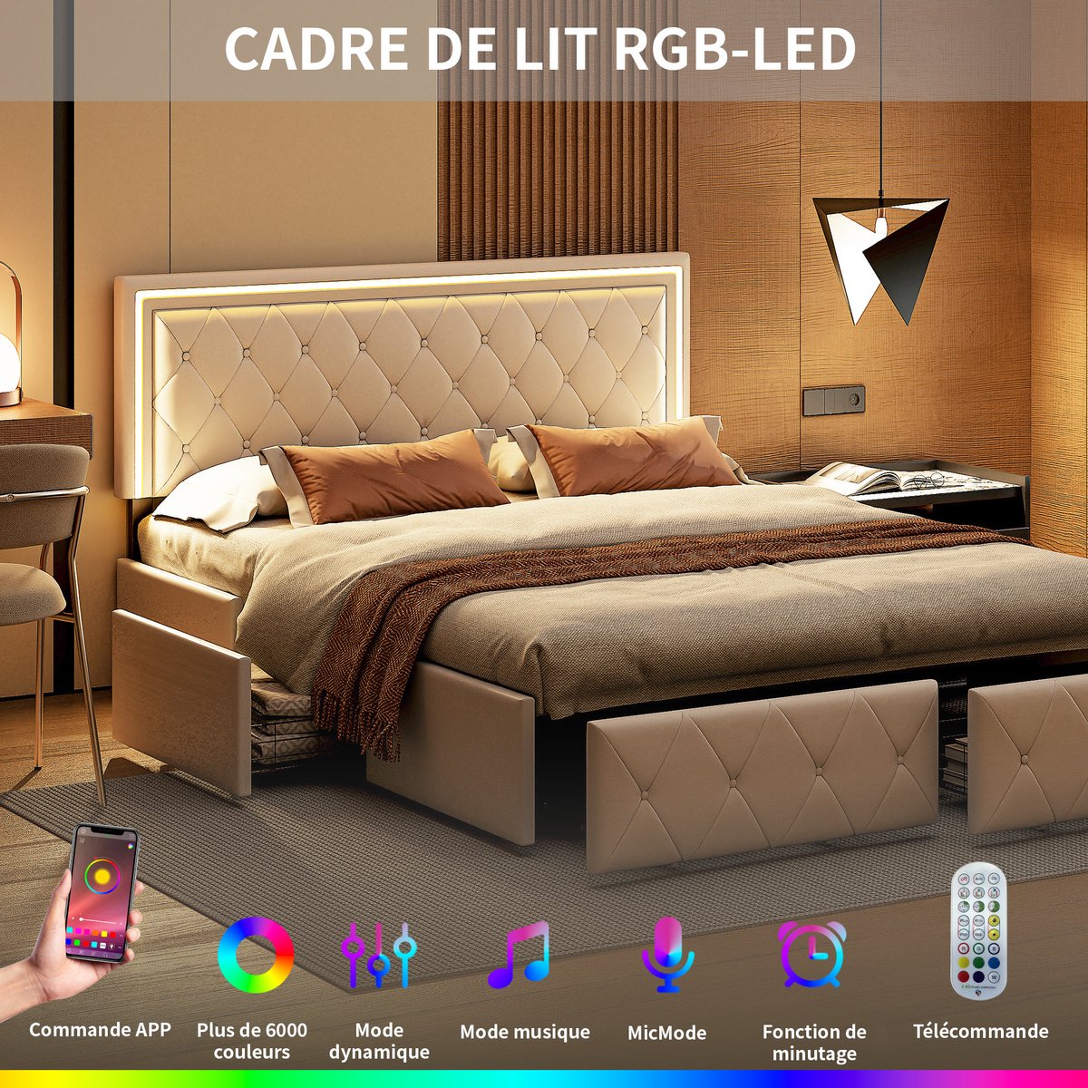 ROSAHQNDA Tweepersoonsbed 140x200 cm - Gestoffeerd Bed met LED Verlichting en 4 Lades - Verstelbaar Hoofdbord - PU - Bed voor Jongeren en Volwassenen - Lattenbodem - Beige - Zonder Matras