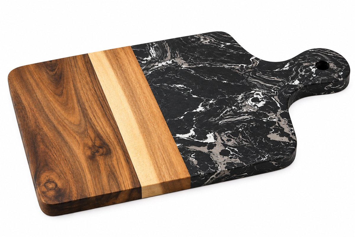 Nina’s Giftshop® Borrelplank – Acaciahout & Zwart Marmer – Kaasplank – Tapasplank – Serveerplank – Snijplank – Keukenaccessoire – Cadeau