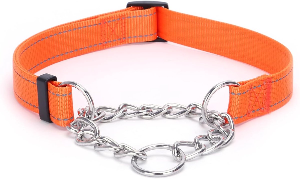 Hondenhalsband, roestvrij stalen ketting, Martingale halsband met reflecterend, verstelbaar voor middelgrote en grote honden (Oranje, S)
