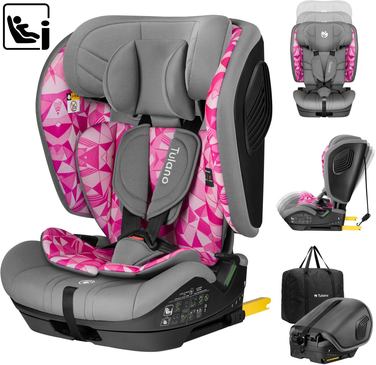 Tulano Zooma 55 i-Size Meegroei Autostoeltje - Kinder Autostoel (76-150 cm) - Roze/Grijs