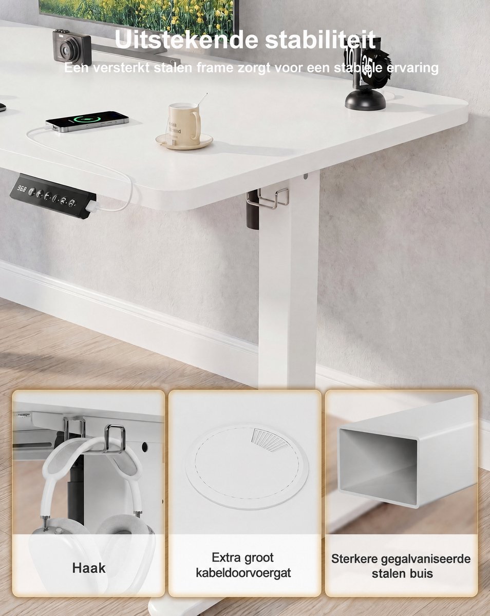 Devoko Elektrisch Verstelbaar Zit-Sta Bureau 100x60 cm Breed – Hoogte 73–118 cm – 2 Geheugenstanden, Zit-Herinnering, LED-Display en USB – Draagvermogen 70 kg – Wit thumbnail 6