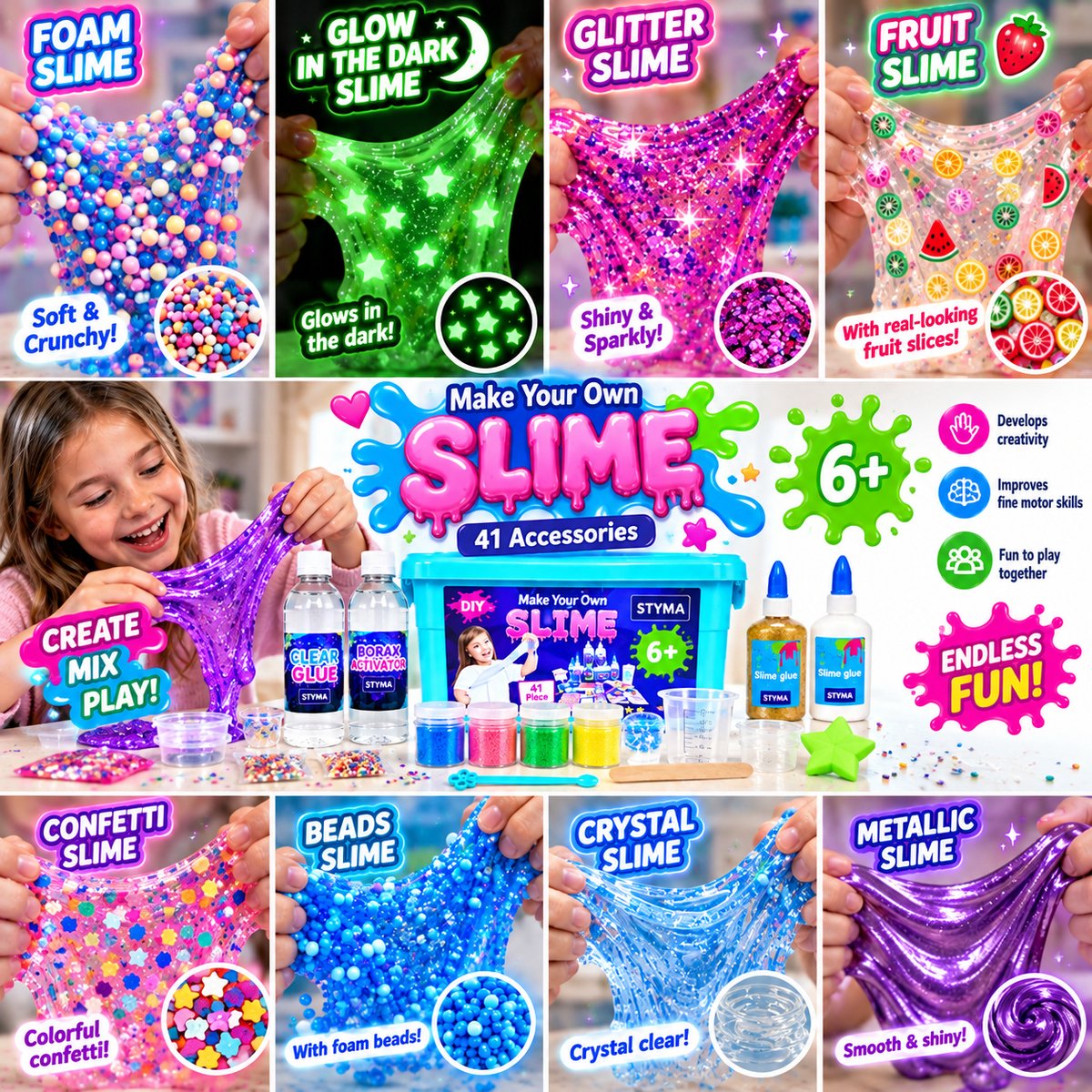 Styma - Slijm Maken - Slime - Slijm - DIY Pakket - Squishy Maker - Slijm Set - Glow in the Dark - Knutselen voor kinderen - Knutsel pakket - Sensorisch - 41 Pcs — afbeelding 8