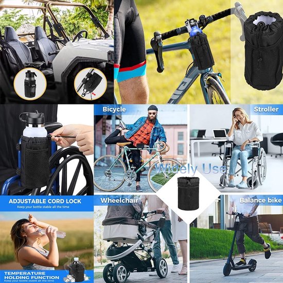 1 stuk, zwart, bekerhouder voor fietsen, scooters en rolstoelen, waterfleshouder voor rollators, golfkarretjes en strand, universele drankhouderaccessoire met netzak en touwsluiting. — afbeelding 2
