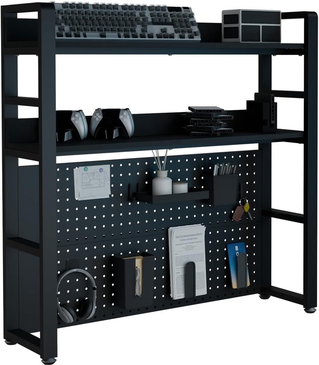 2-Tier Desk Shelf met Verborgen Schroeven Ontwerp, Zwart 95CM, Desktop Organisator met Pegboard