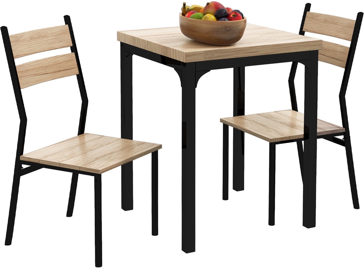 Eettafel voor 2 personen - Vierkante keukentafel met 2 stoelen - natuurlijke houtnerf en zwart