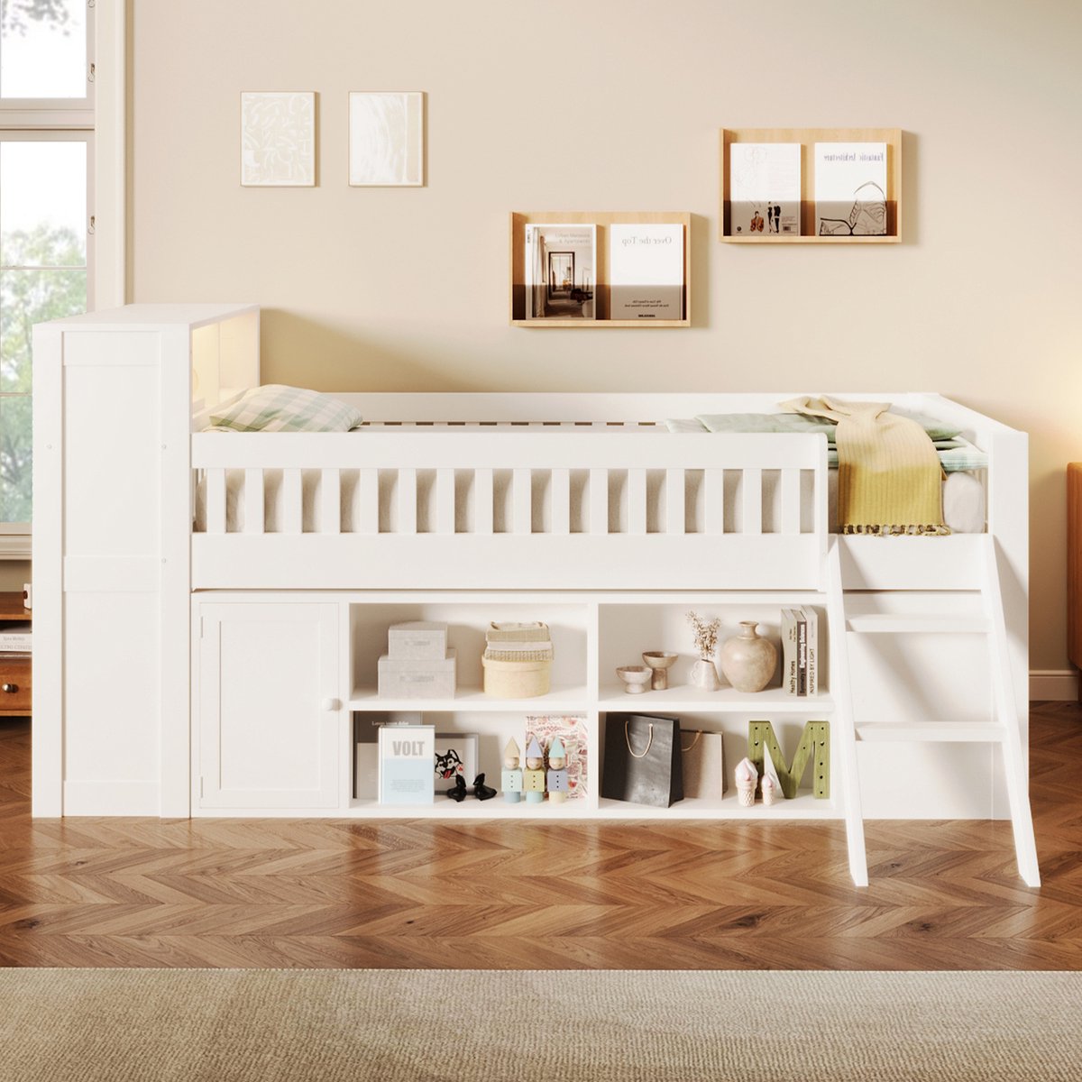 MODENUIT Bed – 120 x 200 Cm – Ledverlichting en Opbergruimte – Hout en MDF – Wit – Met Trap en Veiligheidsrand