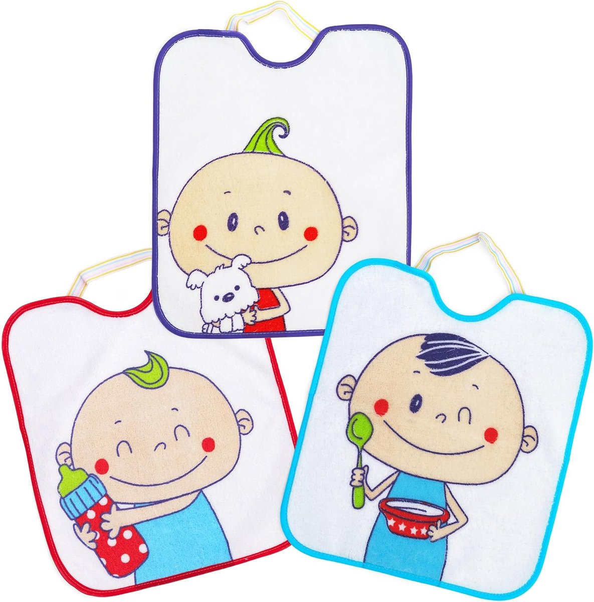 Set van 3 waterdichte, badstof slabbetjes voor baby's en peuters jaar met elastische sluiting, gemakkelijk te reinigen, 100% polyester