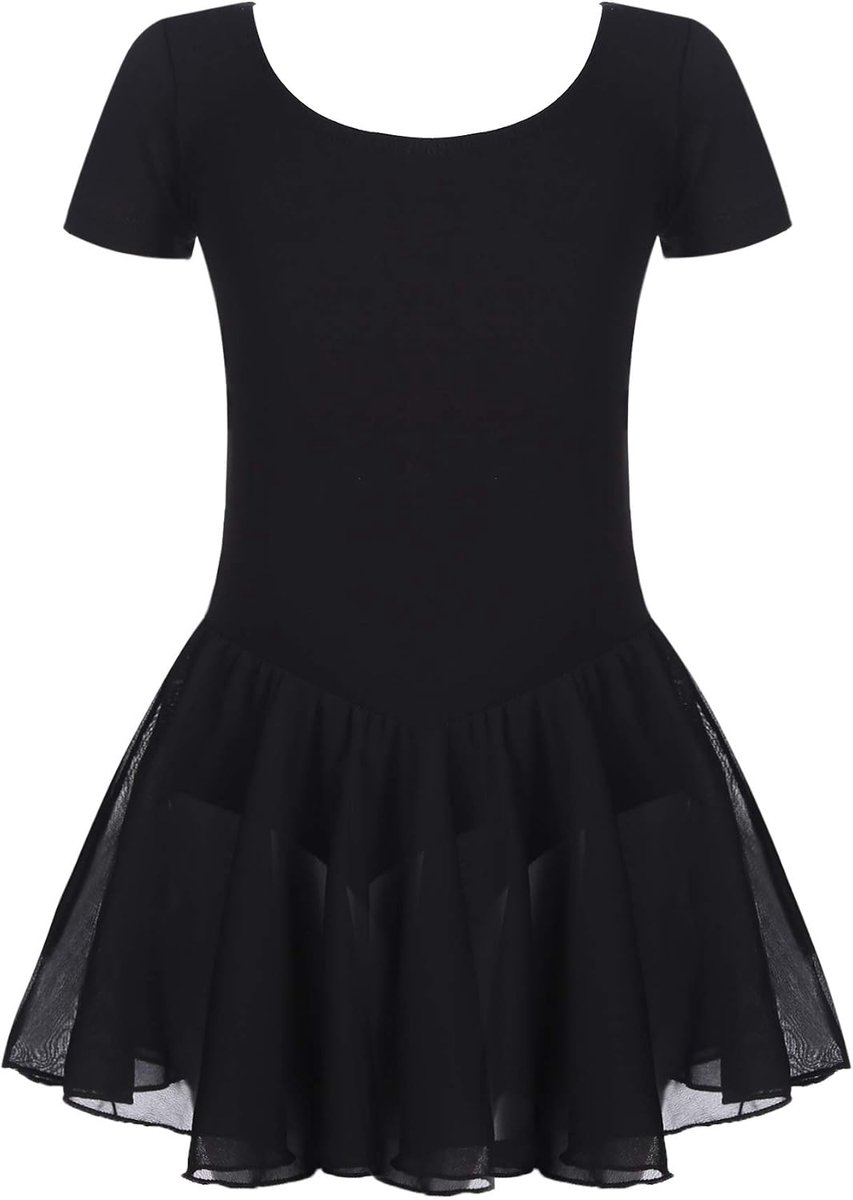 Balletkleding voor meisjes, balletjurk voor kinderen, korte mouwen, katoen, balletpak, dansjurk, balletjersey met chiffon, wikkelrok, tutu