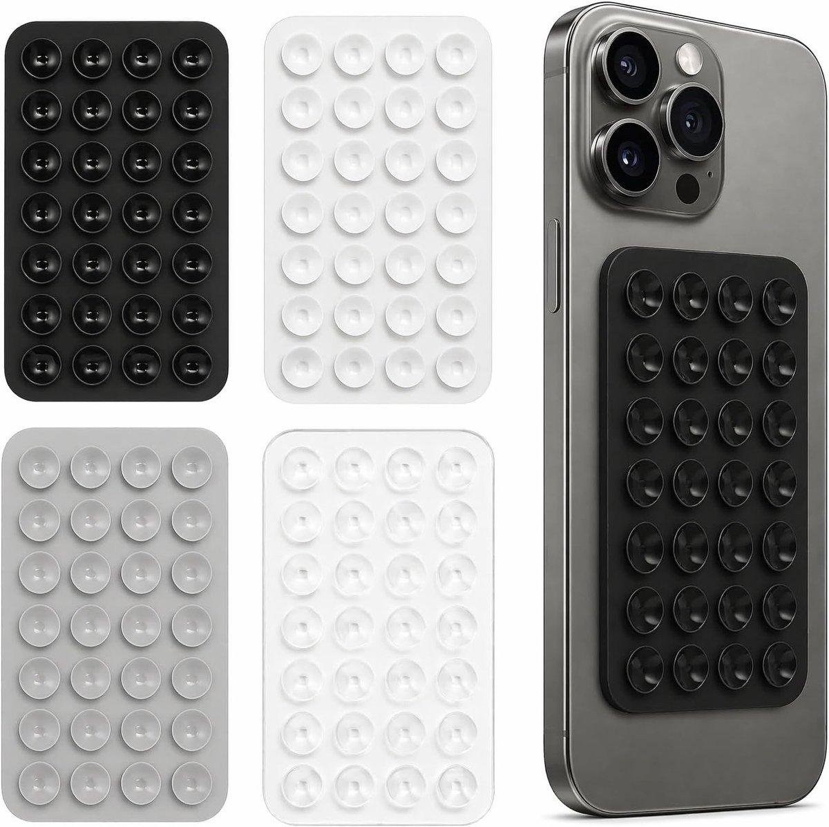 Zuignap voor telefoon, siliconen, dubbelzijdig, universeel, antislip, 4 stuks, draagbaar, zonder resten, 2 maten, 10 x 5,5 cm en 10 x 6,5 cm, voor selfie, video, conferentie, kantoor, reizen, vier