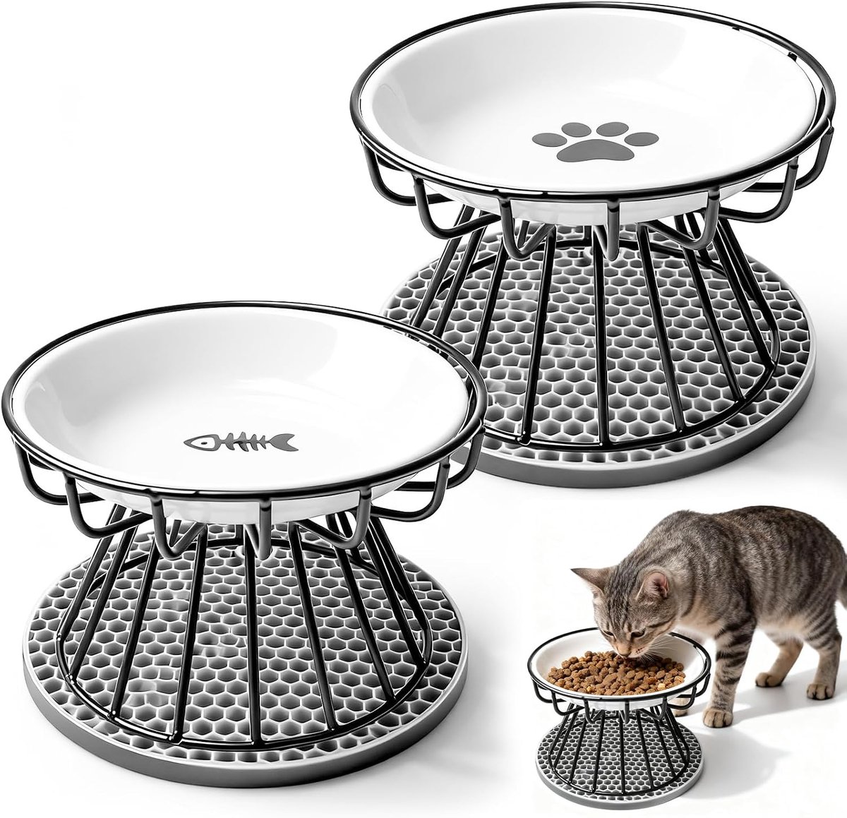 2 stuks verhoogde kattenbakken van keramiek met metalen standaard en siliconen onderlegger, voederbak en waterbakset voor katten, anti-braken eetbak, cervixbescherming, kattenbak, voederstation voor