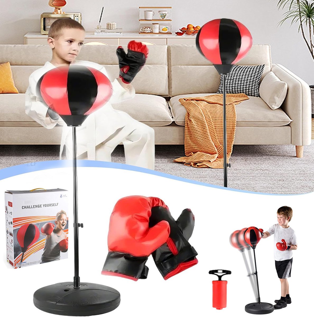 Bokszak Met Handschoenen, Boksset Voor Kinderen Met Boksbal en Handschoenen, Verstelbare Hoogte 80-110 Cm, Voor Fitnesstraining.