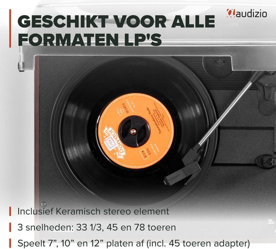 Platenspeler met speakers - Audizio Akron - LP speler - Bluetooth - AUX - 3 snelheden - Donkerbruin — afbeelding 4
