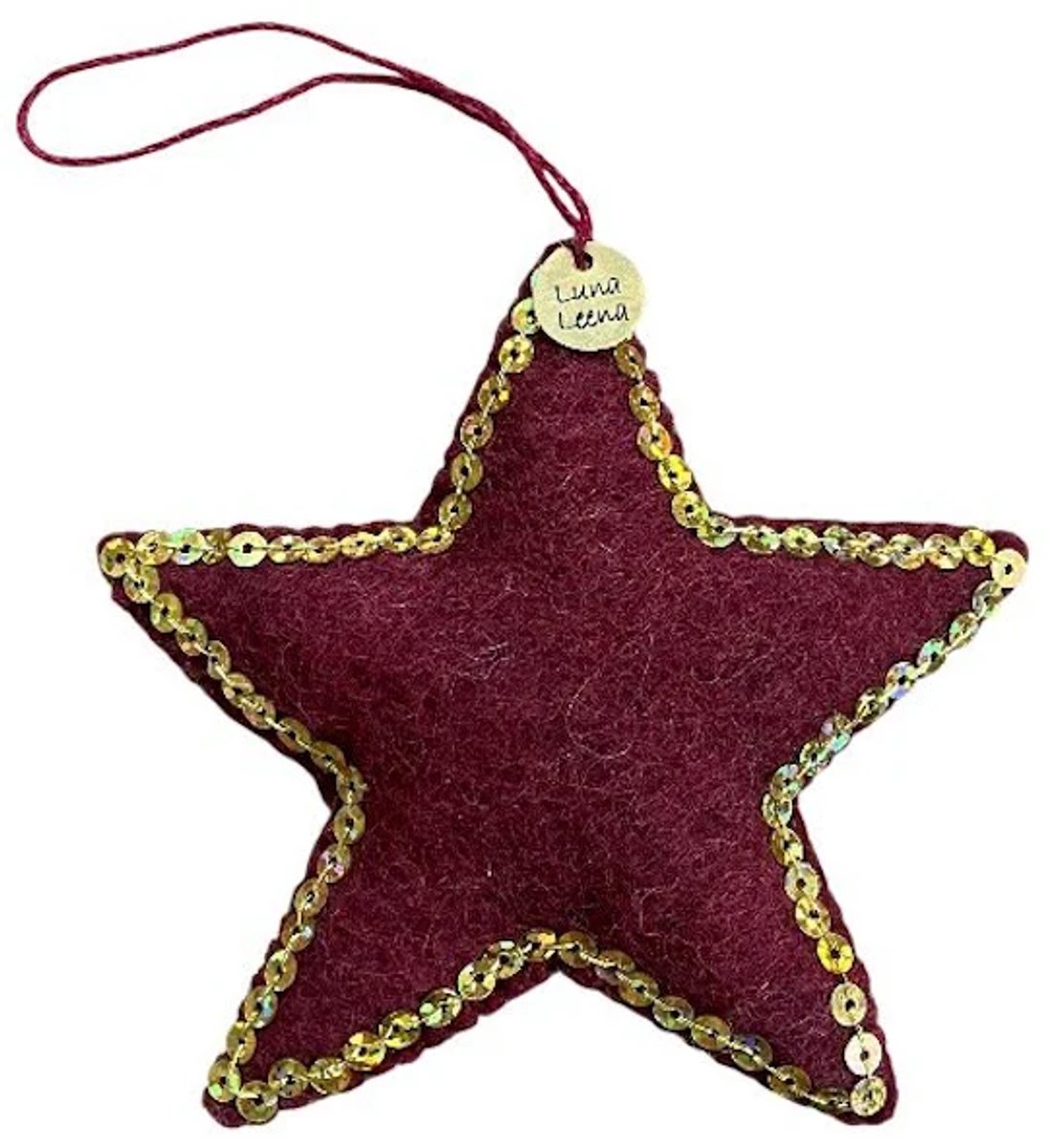 Luna-Leena duurzame ster hanger - bordeaux en gouden pailletten - wol - handgemaakt in Nepal - star hanger - kersthanger - kerstster - kerstcadeau - kerstboom hanger - cadeau - kerst gift - kerstfeest - trouwfeest - kerstdecoratie