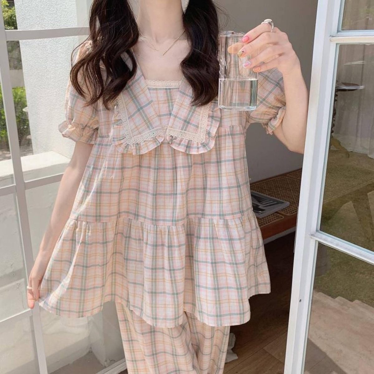 Pyjamasets Voor Dames - Eenvoudige Franse Vierkante Hals Schattige Eenvoudige Rasterprint Nachtkleding, Lente Mode Losse Loungewear Homewear Met Korte Mouwen Gezellig Heerlijk Stijlvol Slaapshirt Zus