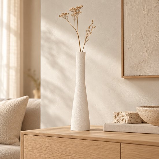 Fameilleur Hoge Vaas Wit Ø 9 x H 40,5 cm – Smalle Organische Keramische Vaas van Stoneware – Moderne Designvaas met Reliëf – Droogbloemenvaas, Takkenvaas en Sculpturale Woondecoratie voor Woonkamer, Hal en Slaapkamer- wabi-sabi vaas, bohemian vaas