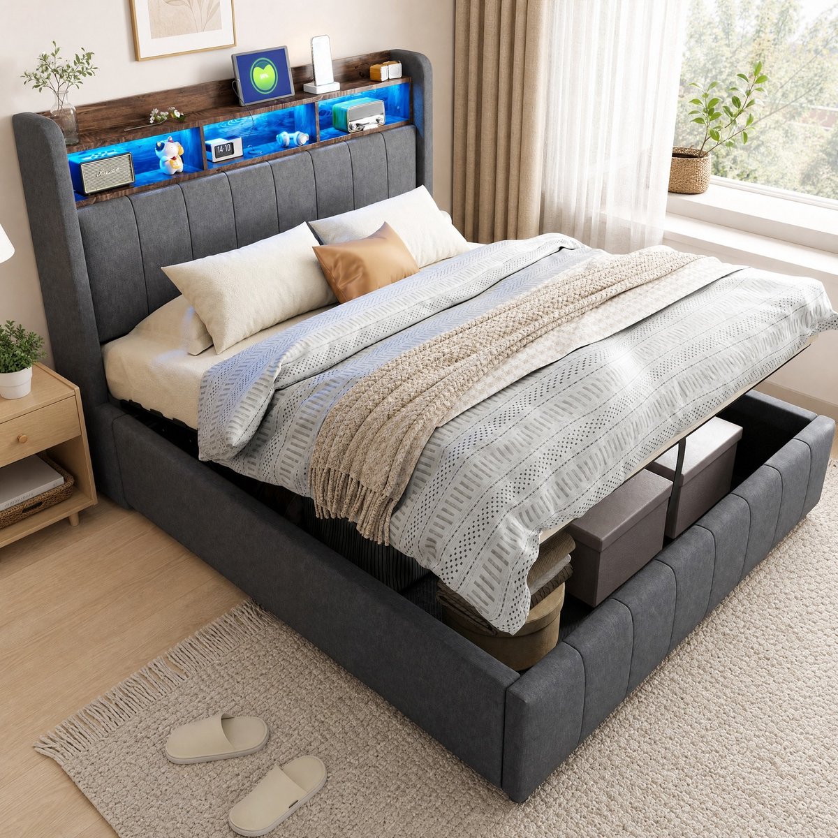 WUVRIE Gestoffeerd bed 140x200 cm met LED, USB, hoofdbordplanken en hydraulische opbergruimte, grijs