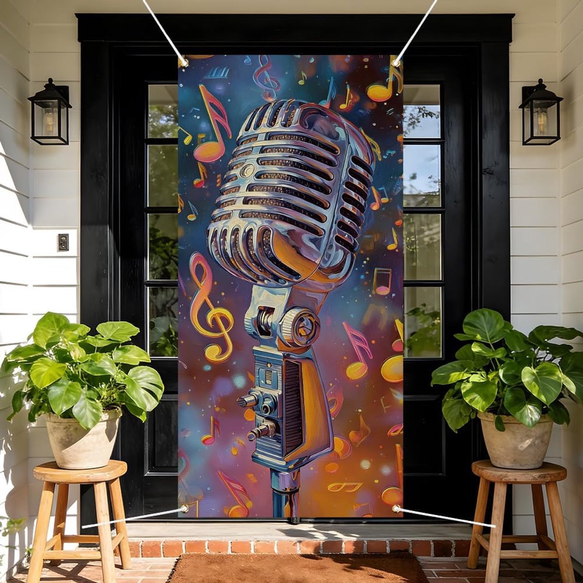 Deurhoes 185 cm x 90 cm - Polyester - Vintage microfoon patroon - Perfect voor feestdecoratie - ShopVlot