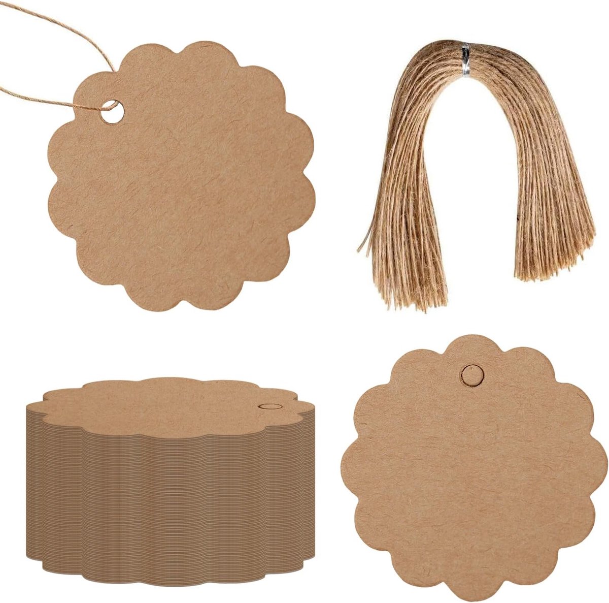 SnelShoppen - Pack van 100 Bruine Cadeautags, Kraft Papier Labels met Jute Touw voor Kerstcadeaus, Cadeau Inpakken, DIY Knutselen (Bloem 6x6cm – B)