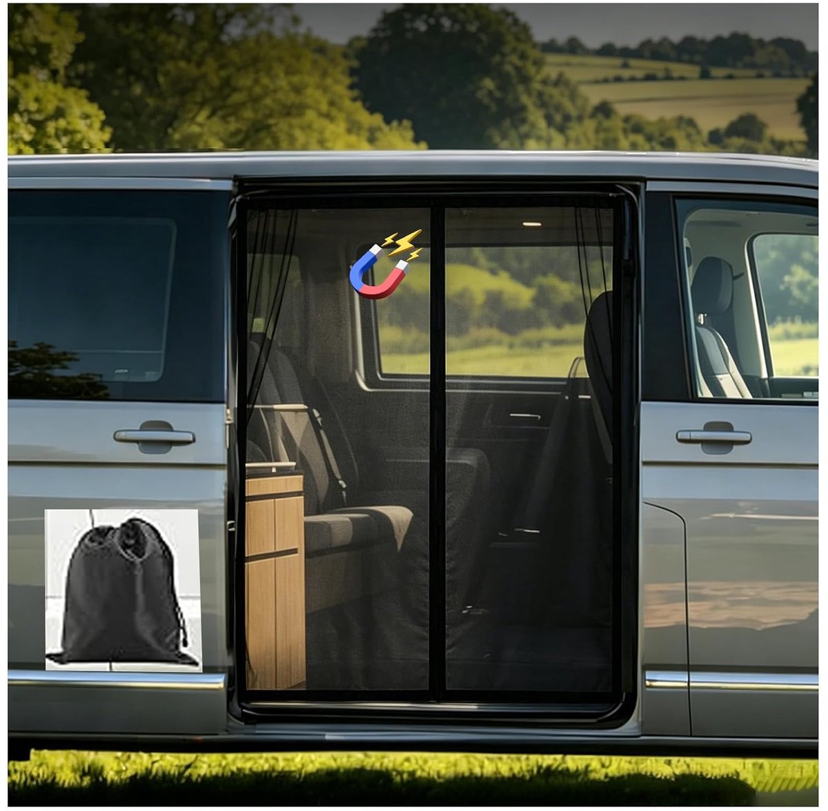SnelShoppen - Magnetic Mosquito Net voor VW T5 T6 Schuifdeur, Insectenbescherming en Zonwering, Ademend 420D PU Net, Perfect voor Kamperen en Buitenle