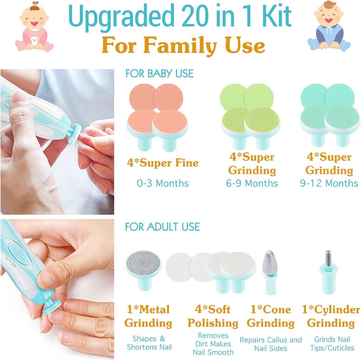 SnelShoppen - Baby Nagelknipper Kit - Elektrische Nagelvijl met LED Licht - Veilig Manicure Gereedschap voor Baby, Peuters en Volwassenen - 20 in 1 Se