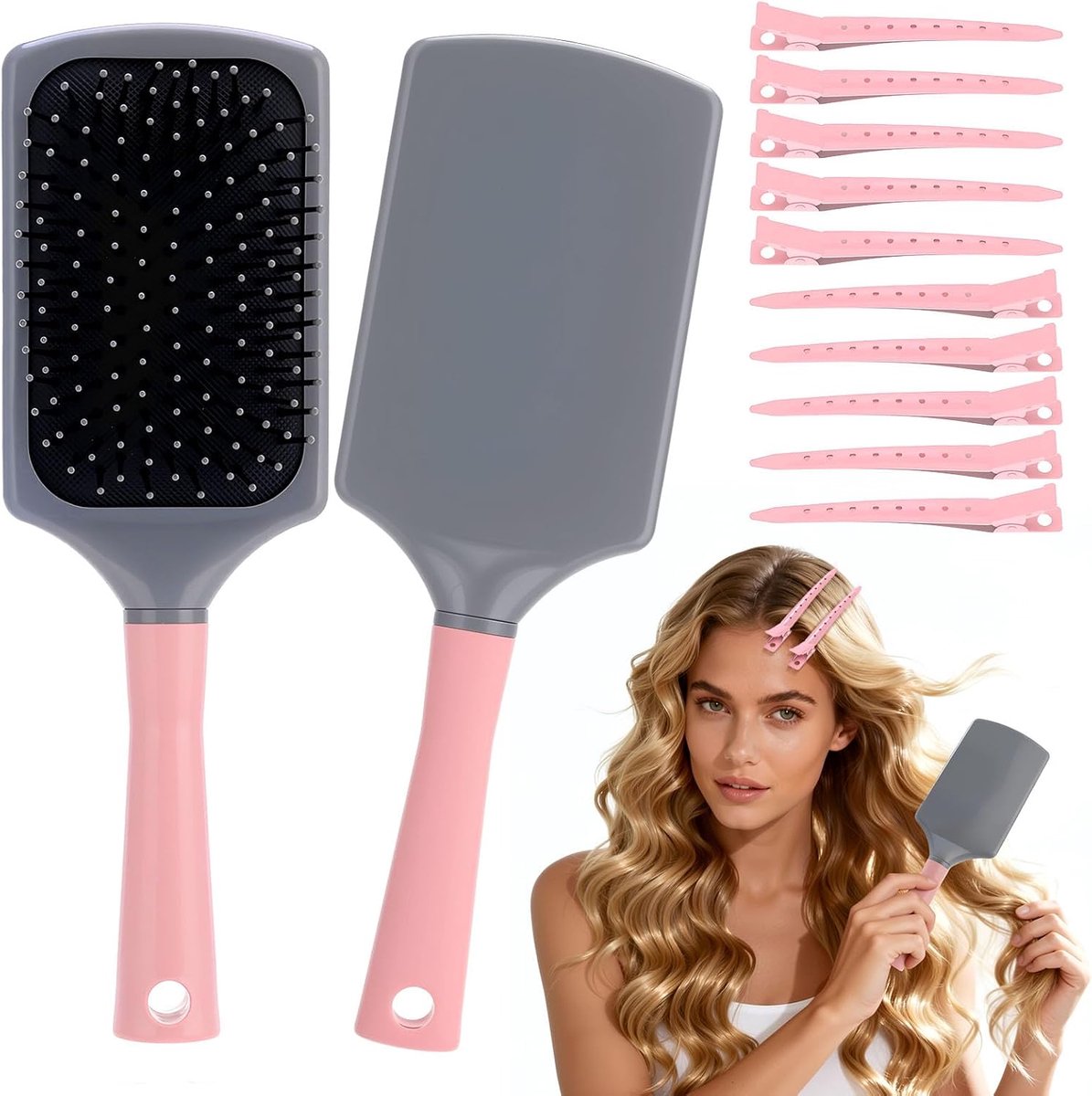 Haarborstel voor krullend haar - roze - met 10 clips - perfecte kruldefinitie - ShopVlot