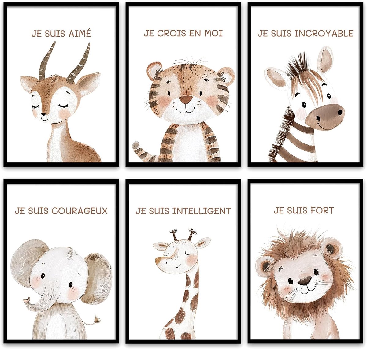 SnelShoppen - Set van 6 Dierenposters voor Kinderkamer, Wanddecoratie voor Jongens en Meisjes, DIN A4, Schattige Safari Dieren, Kwaliteitsdruk op 300