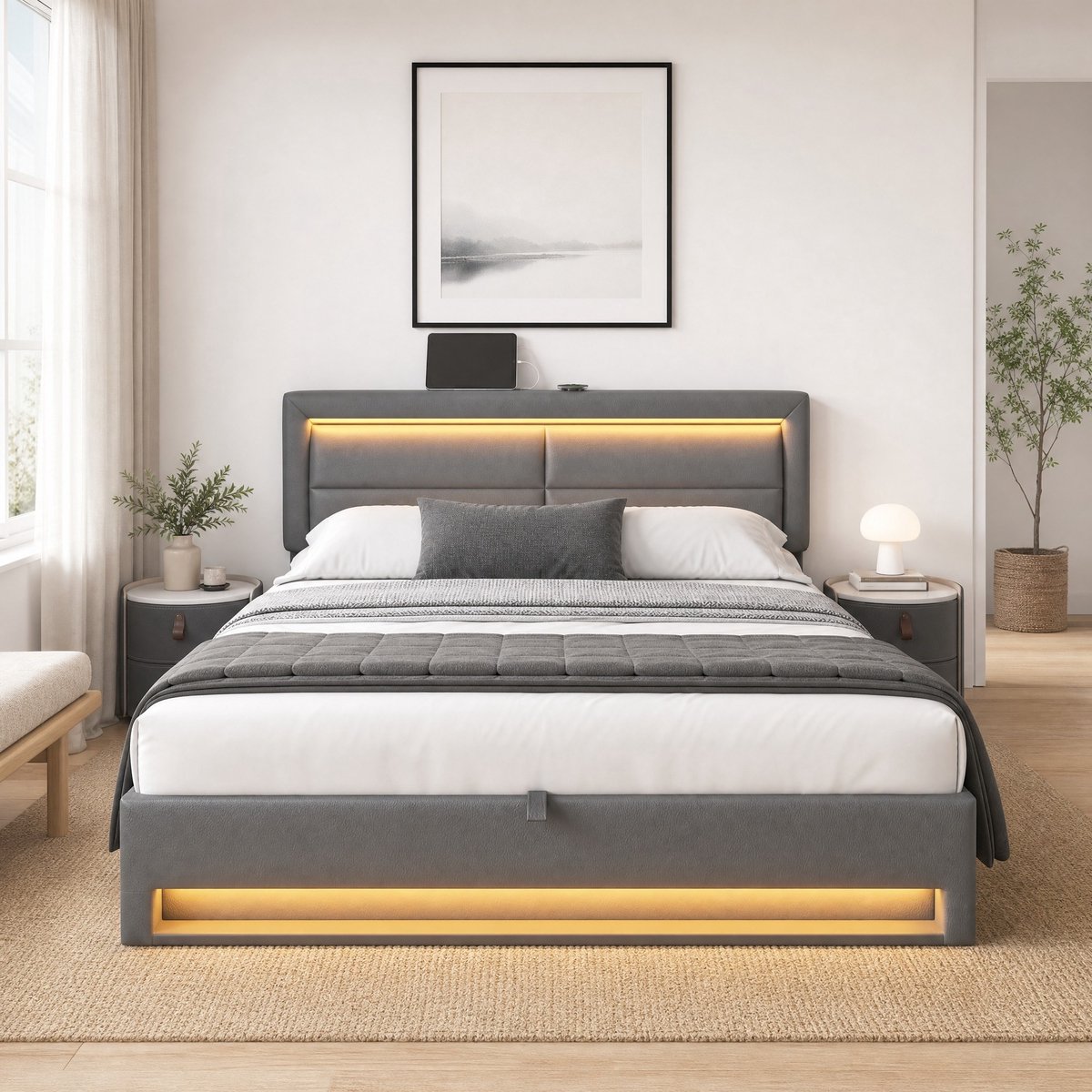 WUVRIE Gestoffeerd bed 140 x 190 cm met LED, USB-opladen en opbergruimte, grijs