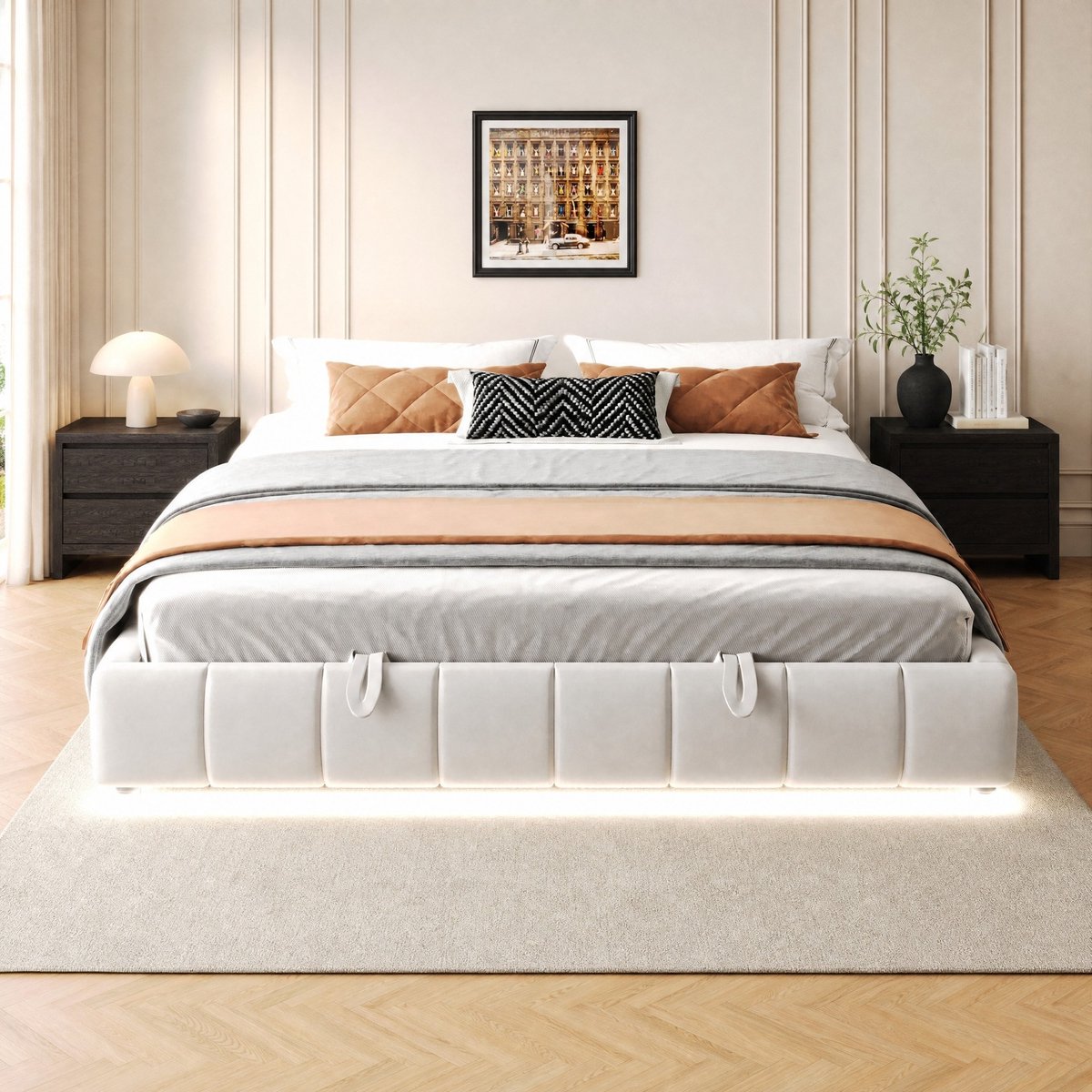WUVRIE Gestoffeerd bed 180x200 cm zonder hoofdbord, met hydraulische opbergruimte en witte ledverlichting, beige