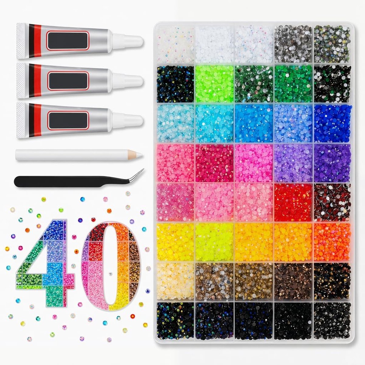 SnelShoppen - 32000 Stuks 3mm Rhinestones Set in 40 Kleuren | Flat Rhinestones voor Creatieve Klussen, Nail Art, Kleding en Gezichtsverf met Pickup Pe