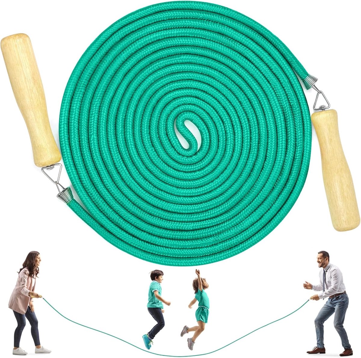 SnelShoppen - Groepen Touw Springen - Multiplayer Touw Overslaan - Lange Spring Touw met Houten Handvat - 7 Meter - Groen - Voor School Sport en Outdo