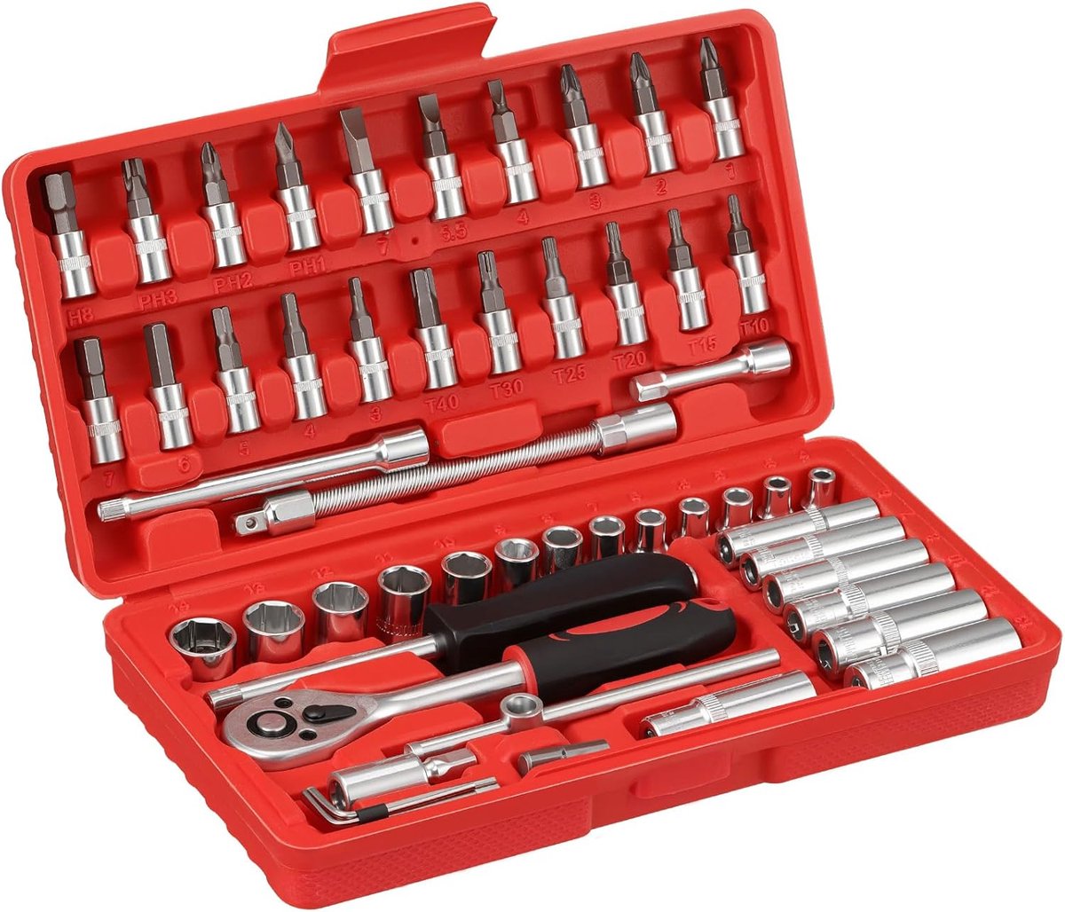 SnelShoppen - 53-delige Steeksleutelset met Ratelsleutel, 1/4 Inch, Torx, Kruiskopschroeven, Sleufschroeven, Hex Bouten, CR-V Gereedschapsset voor Aut