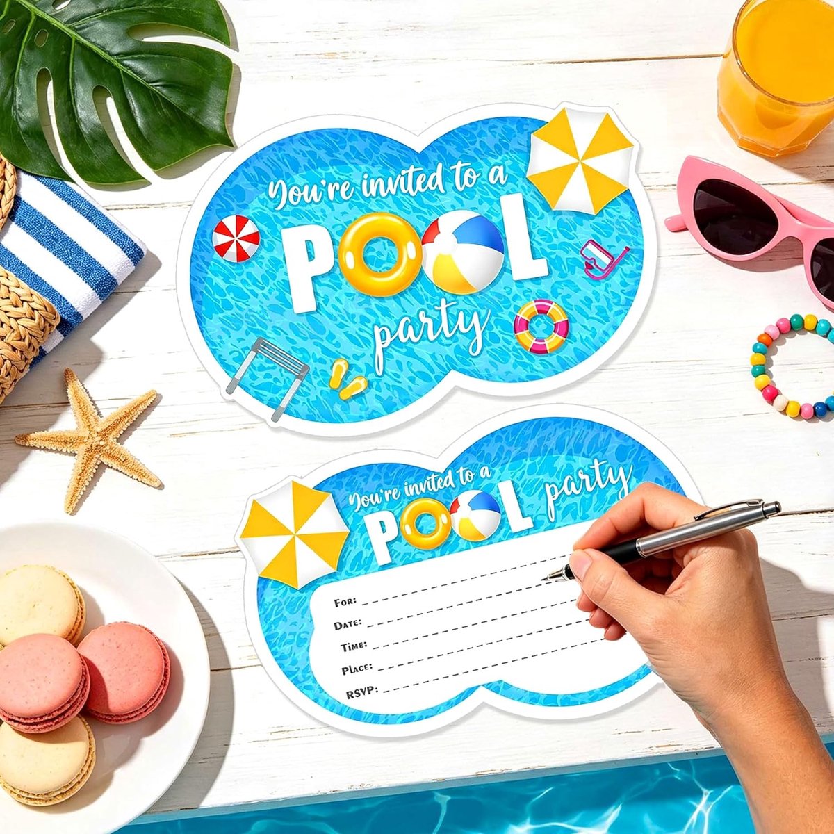 SnelShoppen - 12 Stuks Zwembad Uitnodigingskaarten met Enveloppen voor Zomerfeest, Poolparty, Verjaardag, Kleurrijk Zwembad Motief, Perfect voor Kinde