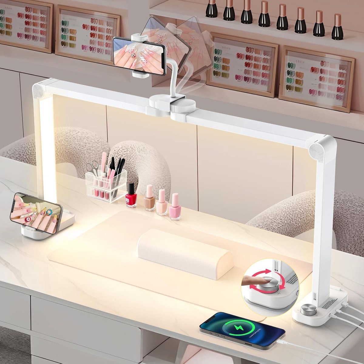 SnelShoppen - Halve Maanlamp Nagellamp voor Wimpers en Tatoeages - 34'' Halve Maantafel met Telefoonhouder - 3 Kleurmodi en 10 Helderheidsniveaus - Wi
