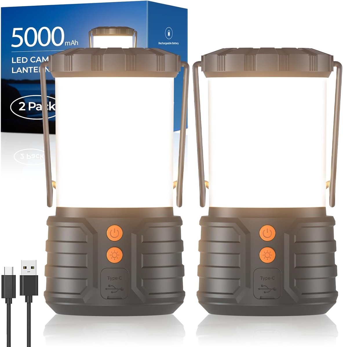 SnelShoppen - 2 Pack Camping Lantaarn LED - 5000mAh Oplaadbare Batterij Noodverlichting - IPX4 Waterdichte Draagbare Zaklamp - 3 Kleuren Camping Tent