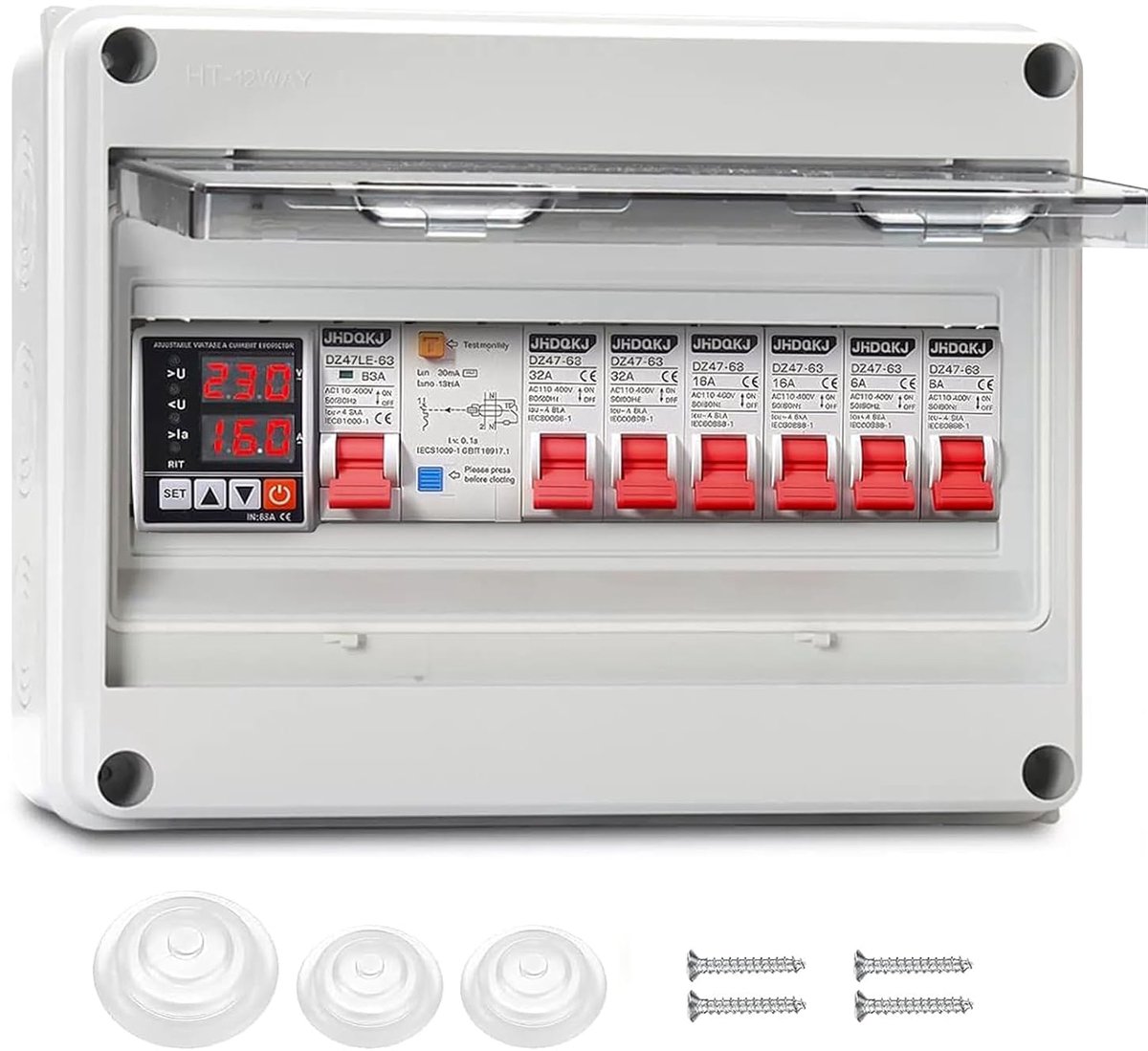 Aansluitdoos met FI-schakelaar - 63A/30mA - 2 x 32A, 2 x 16A, 2 x 6A - Voor veilige stroomverdeling - ShopVlot