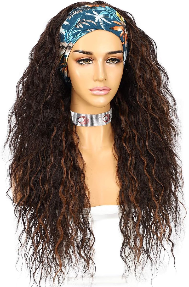 SnelShoppen - Krullende Hoofdband Pruik Lange Bruine Synthetische Pruiken voor Vrouwen - Losse Water Wave Haar 150% Dichtheid 66 cm - Perfect voor Fee