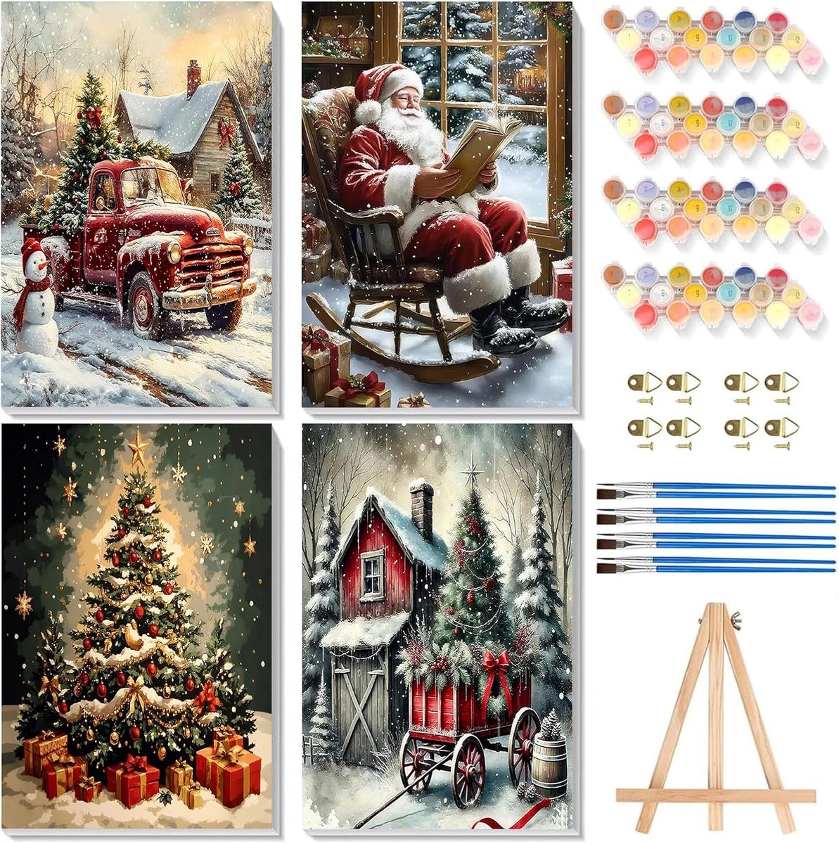 SnelShoppen - 4x Schilderen op Nummer - Kerstman Schilderset met Lijst voor Volwassenen en Kinderen - Winterlandschap Canvas Inclusief Houten Easel en