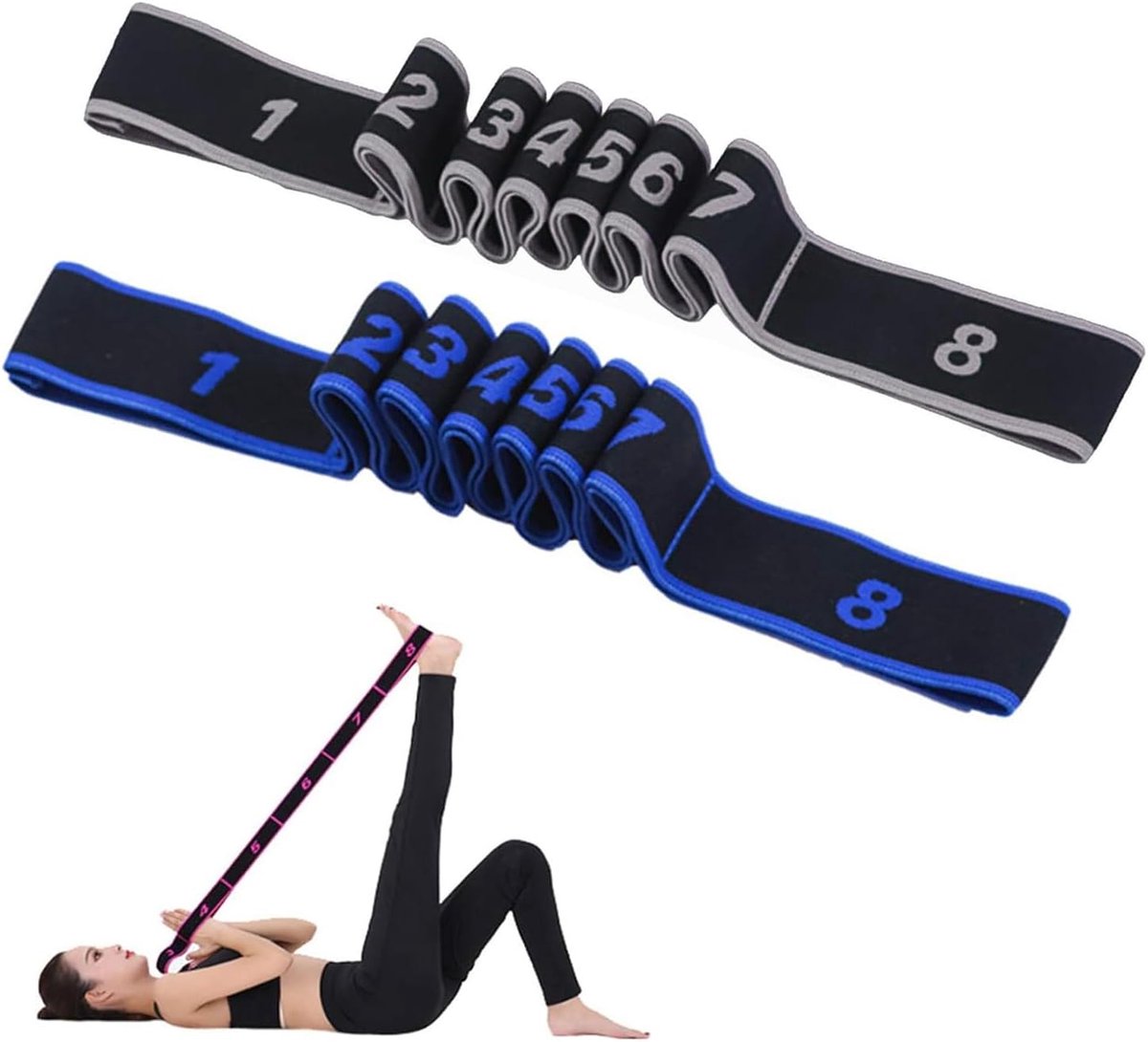 SnelShoppen - Pack van 2 Yoga Stretch Belts - Yoga Strap met 8 Loops - Draagbare Fitness Bands voor Yoga, Pilates, Dans en Training - Duurzaam Nylon e
