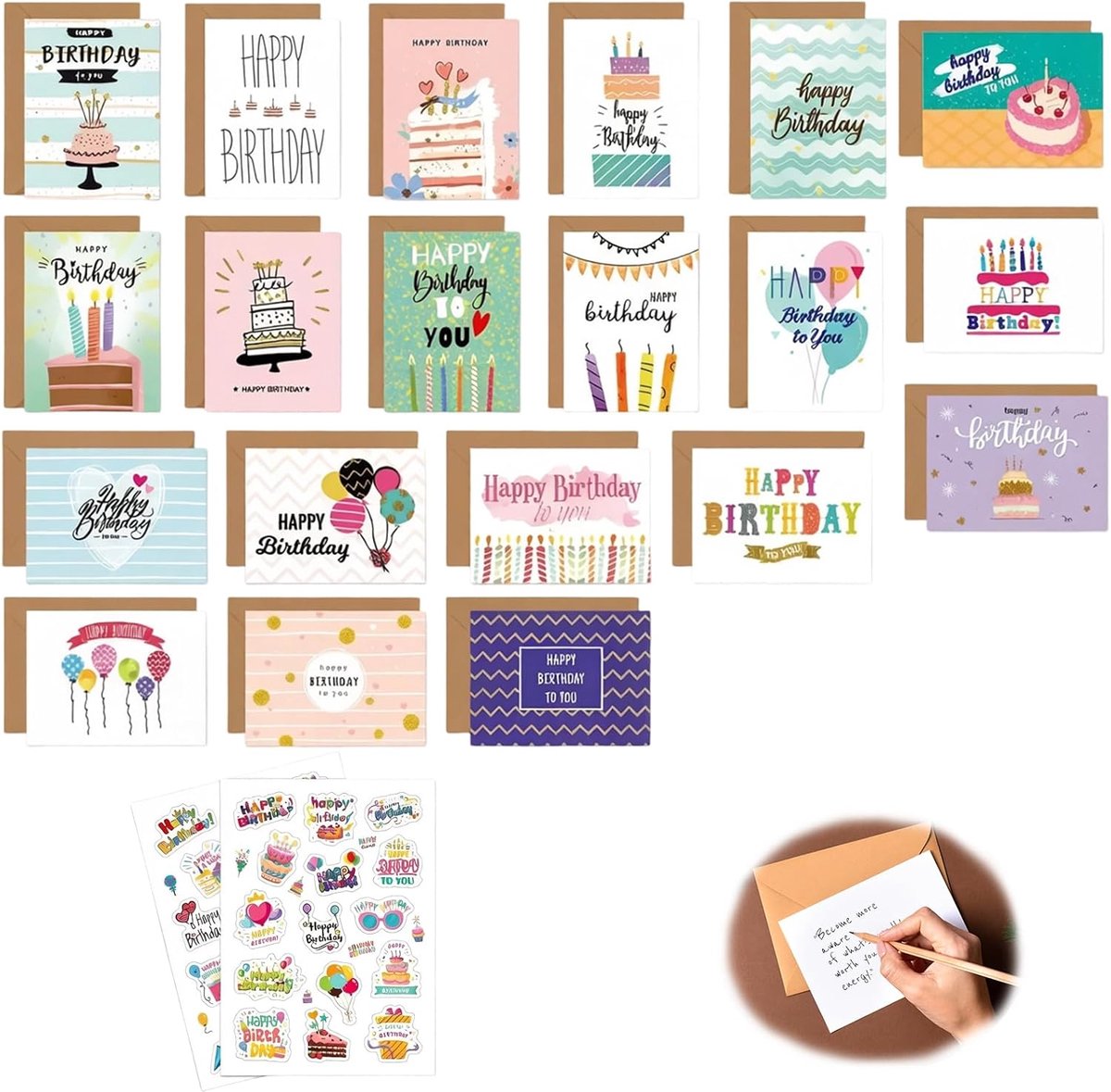 SnelShoppen - Pack van 20 Verjaardagskaarten Set met Enveloppen, Premium Vouwkaarten, Assortiment voor Vrouwen, Mannen en Kinderen, Grappige en Neutra