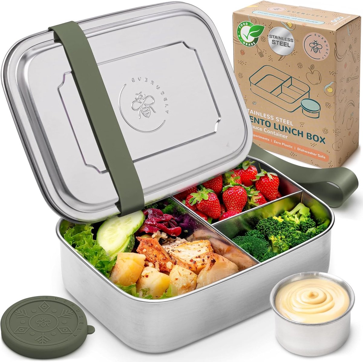 SnelShoppen - Bento Box - Extra Large 1,8 L - RVS Lunchbox met Lekvrije Sauscontainer - 3-Vaks Snackcontainer - Ideaal voor Werk, School en Picknick -