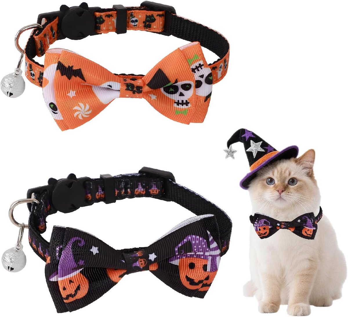 Kat halsband 2 stuks - verstelbaar 18-30cm - oranje zwart met vleermuis strik - ShopVlot