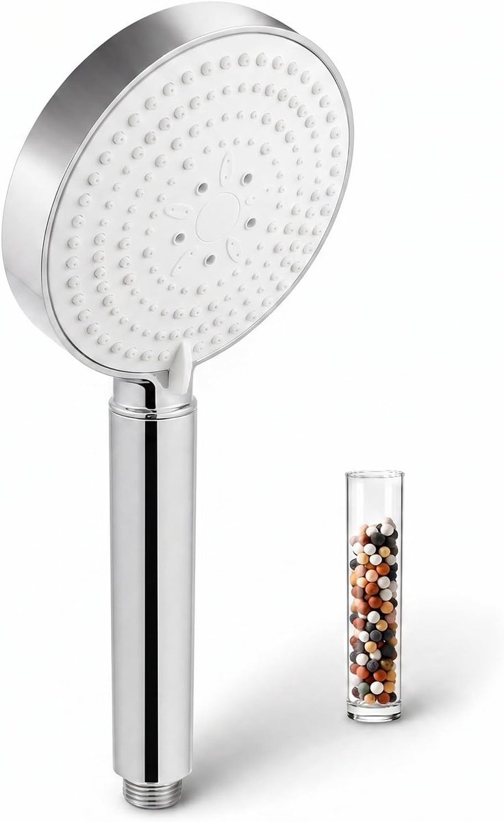 SnelShoppen - Douchekop met Filter, 13cm Grote Handdouche met 6 Spuittypes, 20-Lagen Waterfilter voor Hard Water, Wit - Chroom Handvat