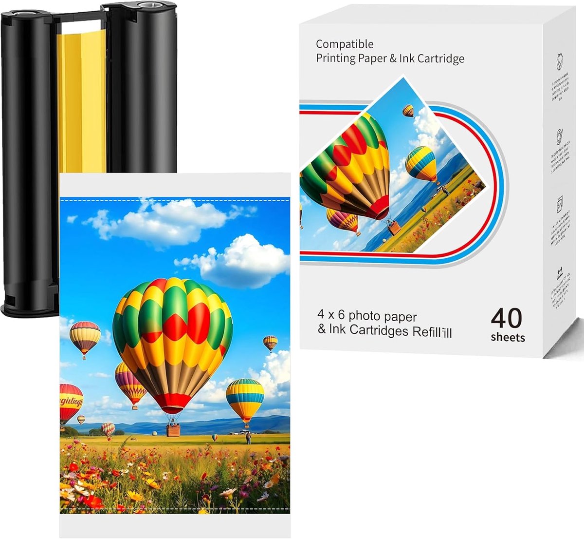 SnelShoppen - Foto Papier en Inkt Cartridge Set voor 4 x 6 Inch Photo Printers, 40 Vellen Waterproof en Kleurvaste Sublimatie Papier, Ideaal voor Fees