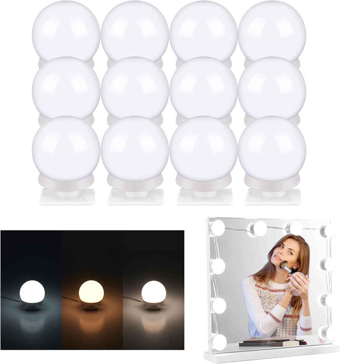 SnelShoppen - LED Vanity Table - Hollywood Makeup Spiegel met 12 Dimbare LED Lampen - 3 Kleuren - Oplaadbaar - USB - Perfect voor Badkamer en Make-up