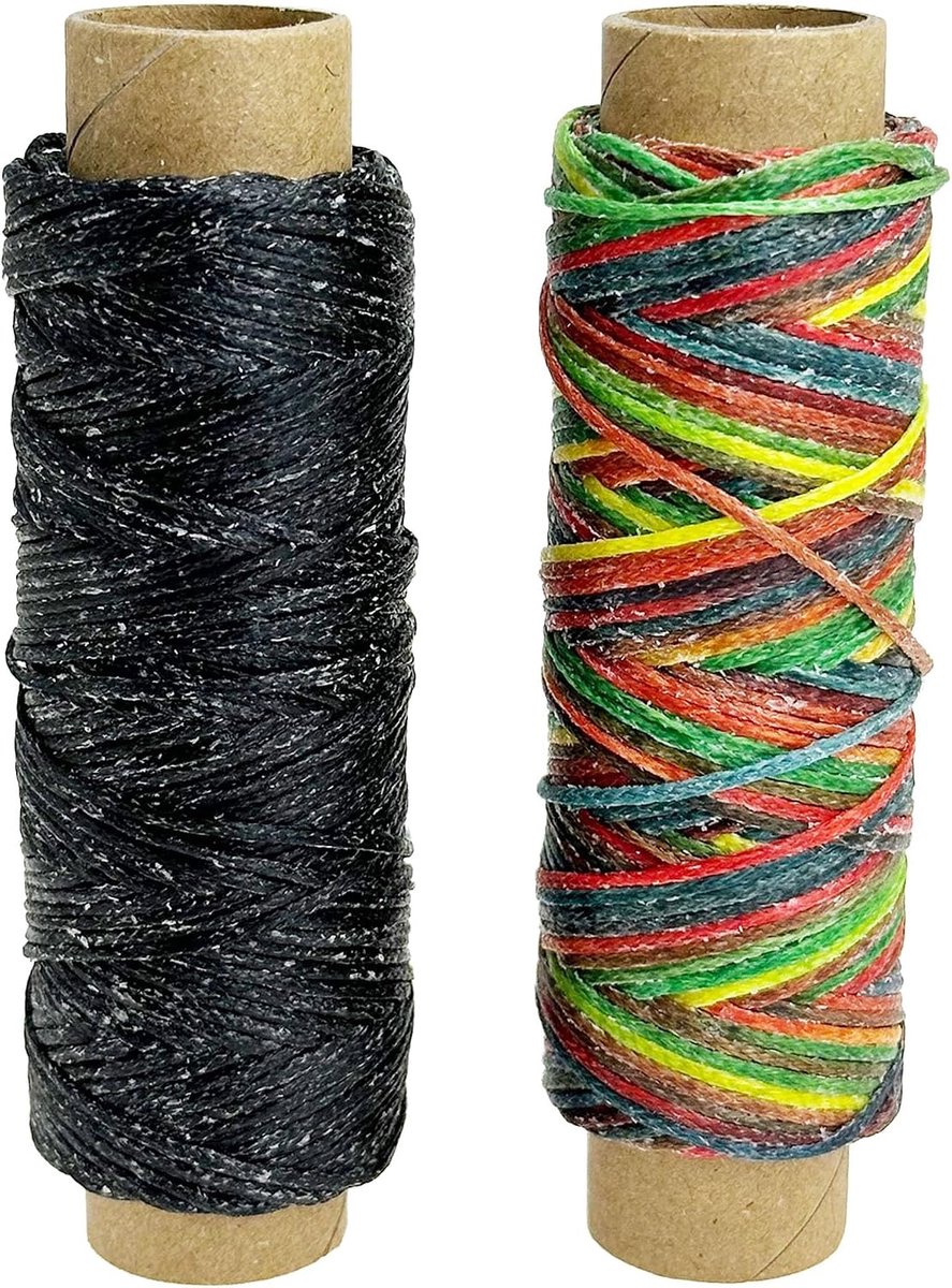 Set van 2 kleuren, 60 m naaigaren, 150D 0,8 mm, gewaxte lederdraad voor lederhandwerk, naaien, knutselen, zwart en kleurrijk
