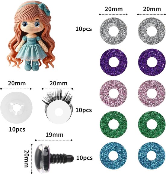 Ogen, 10 stuks, 20 mm, Amigurumi-ogen voor poppen met wimpers en sluitringen, voor Amigurumi-poppen, haakdieren, doe-het-zelf speelgoed, teddypoppen, pluche speelgoed — afbeelding 2