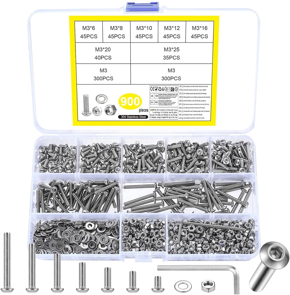 Schroevenset, 900 stuks, lenskopschroeven met moeren, set met binnenzeskantschroeven, moeren, roestvrijstalen machineschroeven, assortiment, sluitringen, set (M3)