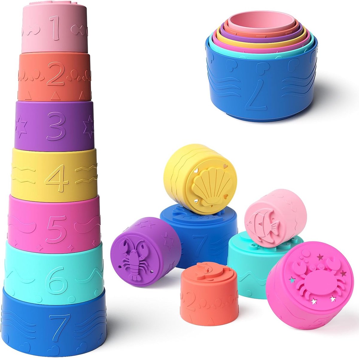 Speelgoed, Montessori Stapelspeelgoed, 7-Delige Set Siliconen Stapelbekers, Baby Bijtspeelgoed, Vroegtijdige Ontwikkeling & Activiteitenspeelgoed, Baby Badspeelgoed